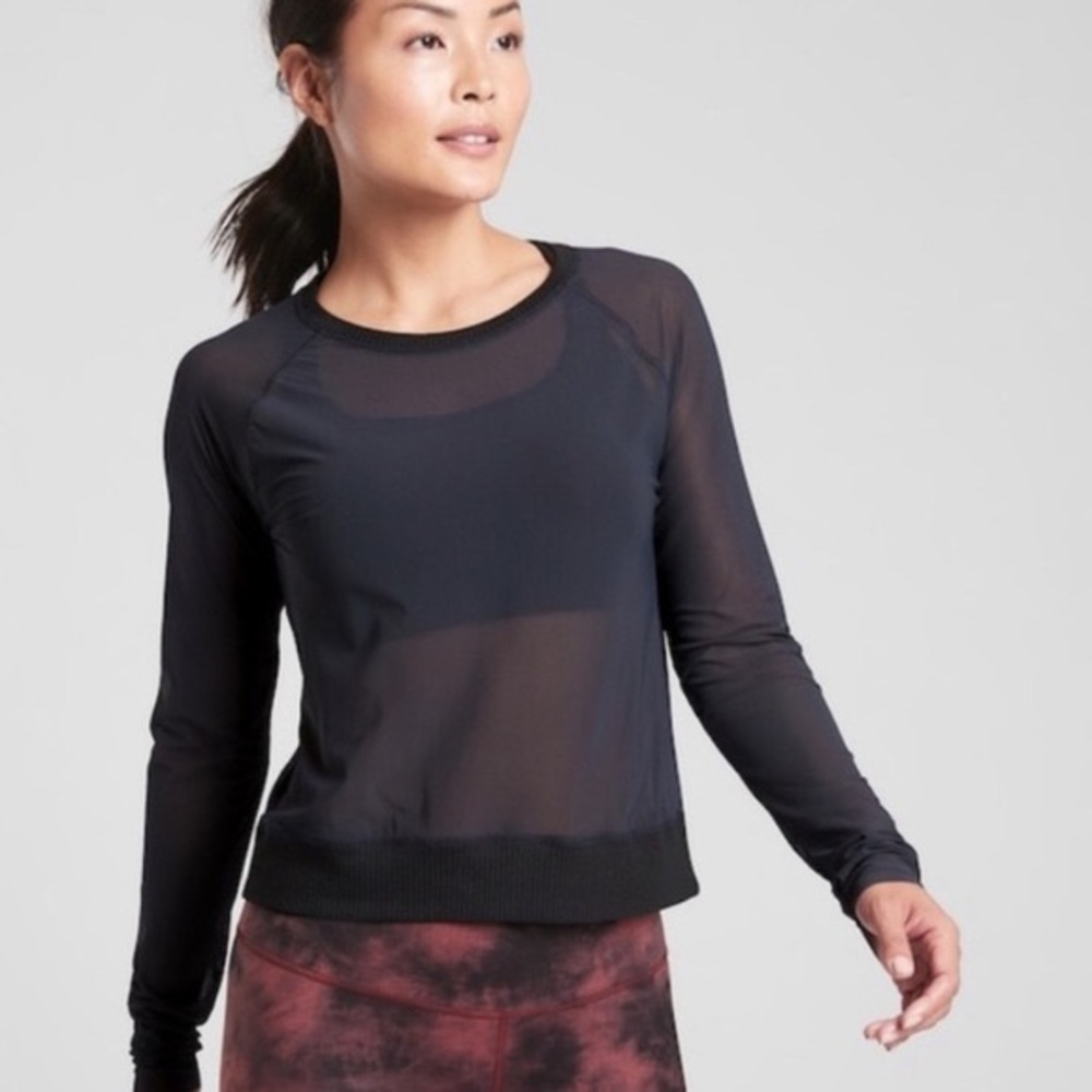 NWT Athleta Asana Sheer Black Mesh Crop Race Length Long Sleeve Tee